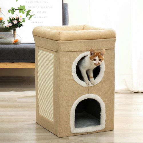 供货跨境三层别墅猫屋四季通用保暖猫窝带磨爪双层猫房子折叠猫屋