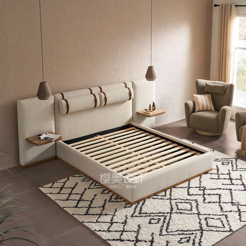 意式中古风布艺超大床头双人床北欧极简奶油系大平层设计师民宿床