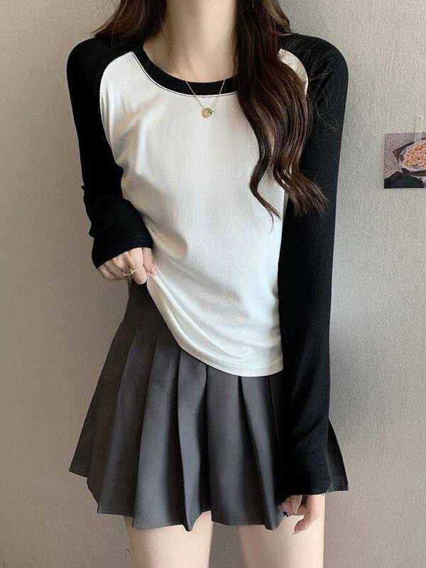 螺纹棉拼接插肩打底衫纯欲风秋季新款上衣女简约圆领时尚休闲长袖