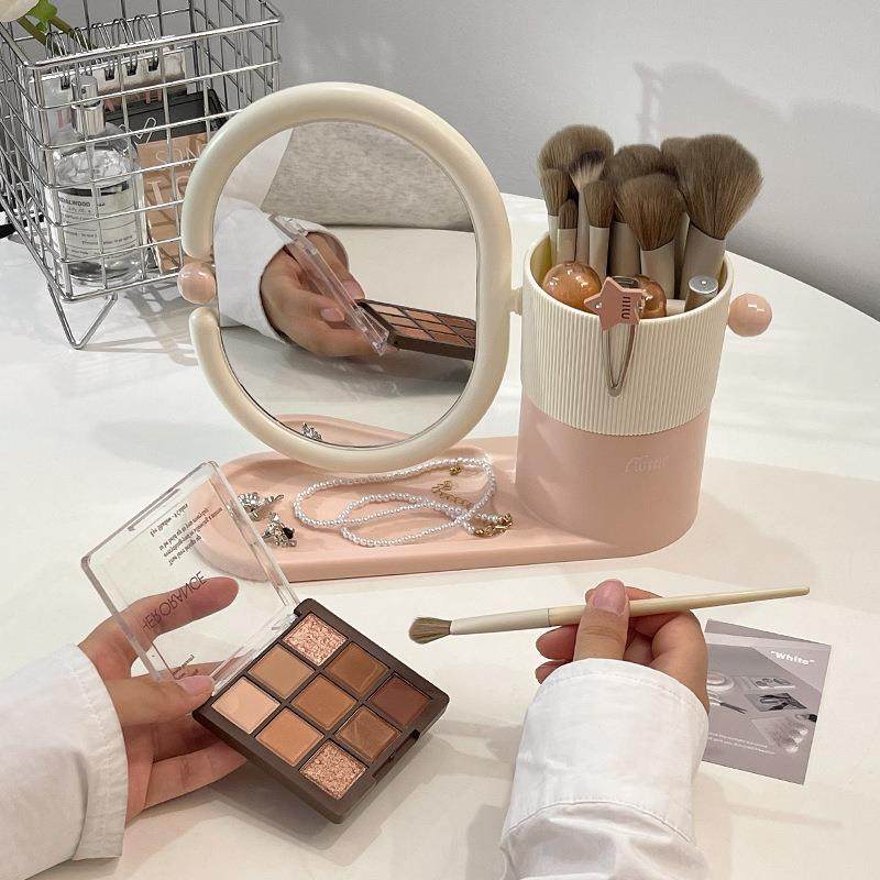 双面旋转化妆镜收纳盒一体多功能桌面化妆刷筒宿舍台式放大小镜子,住宅家具,化妆镜,淘宝优惠券,粉丝福利购,淘宝优惠卷