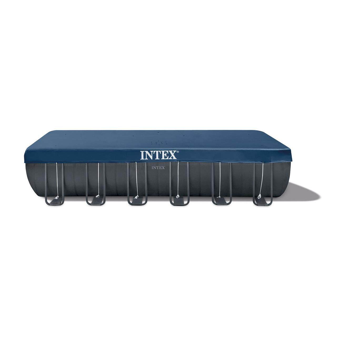 intex 26368 24尺深灰色豪华长方形管架水池套装 家庭游泳池现货