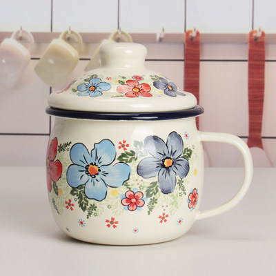 珐琅搪瓷小容量盛夏大肚杯搪瓷杯铁瓷缸子带盖搪瓷马克杯380mL