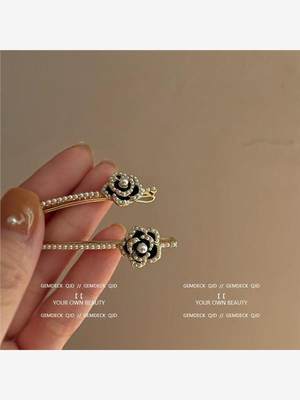 复古主义法式山茶花朵珍珠发夹一字夹 复古赫本仙气质高级感发夹