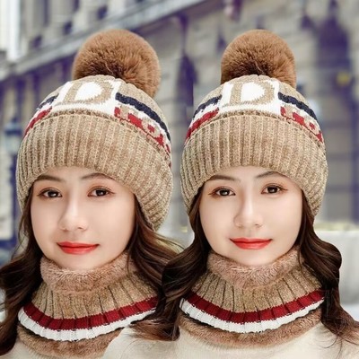 帽子女冬季新款加绒加厚骑车防风保暖护耳帽两件套冬天防寒毛线帽
