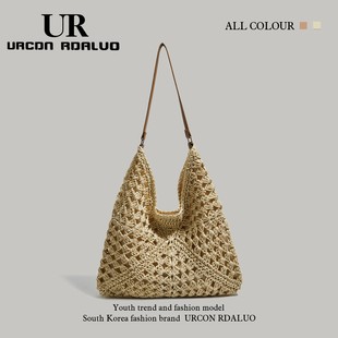 夏季 UR大容量草编包女2025新款 海边旅游沙滩包编织镂空单肩托特包
