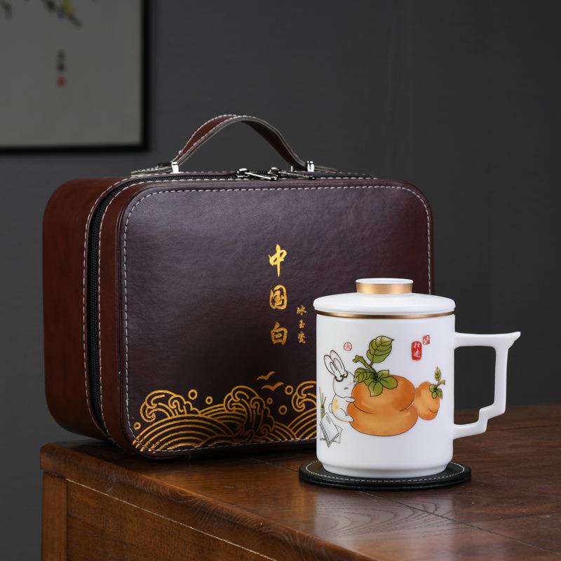 羊脂玉瓷马克杯大师手作带盖茶水分离办公杯家用过滤高档轻奢茶杯