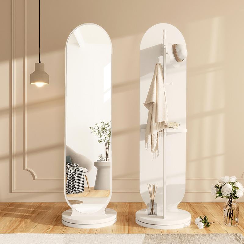 奶油风旋转穿衣镜落地镜衣帽架一体可移动挂衣架多功能立体全身镜