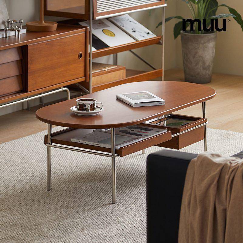 茶几北欧客厅实木复古小户型小桌子家用不锈钢简约椭圆形日式茶桌