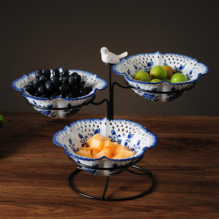 新中式 青花瓷创意多层果盘客厅水果盘架子陶瓷糖果盘家用收纳饰品