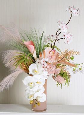 轻奢花艺摆件粉绿色彷真花帝王花束样板软装客厅前台玄关桌面摆设