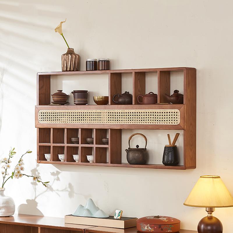 茶室家具诧寂风藤编实木多宝阁挂墙博古架置物收纳摆件茶杯展示架