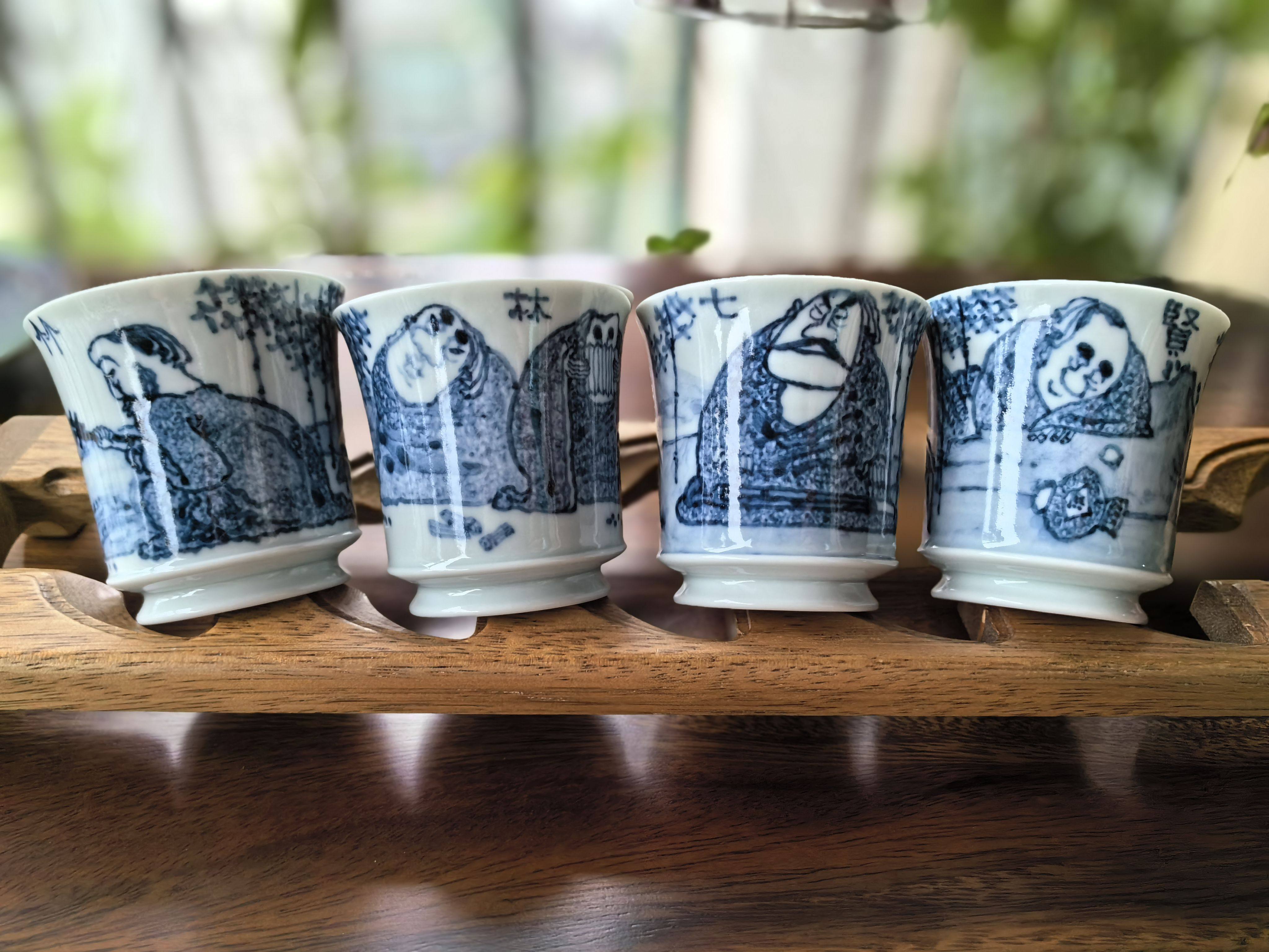 预订郭建国老师原创作品竹林七贤套杯青花手工绘画主人杯茶器