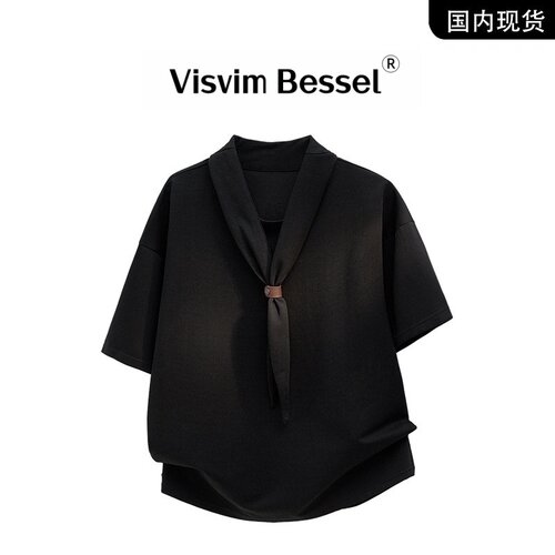 VISVIM BESSEL夏季新款高级丝巾领短袖T恤上衣男V领短袖体恤衫