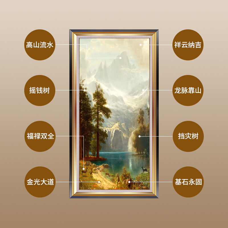 风景画玄关装饰画山水竖版欧式聚宝盆美式过道挂画进门画墙画油画图片