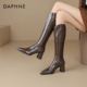 达芙妮高跟长筒靴女2025新款 秋季 尖头粗跟中筒靴不过膝靴子骑士靴