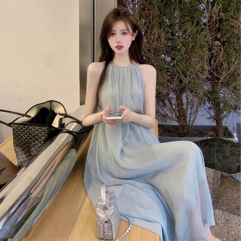 欧洲站挂脖吊带连衣裙女夏2024新款设计感小众无袖雪纺气质长裙子