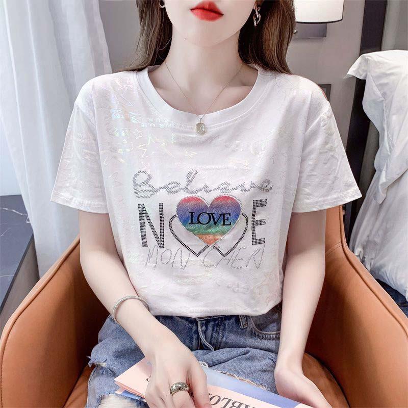 欧货白色纯棉短袖t恤女宽松薄款洋派百搭T恤时尚休闲印花上衣