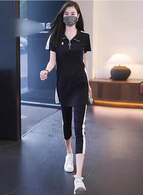 欧洲站中长款运动套装女大码2025年夏季新款短袖休闲时尚两件套潮