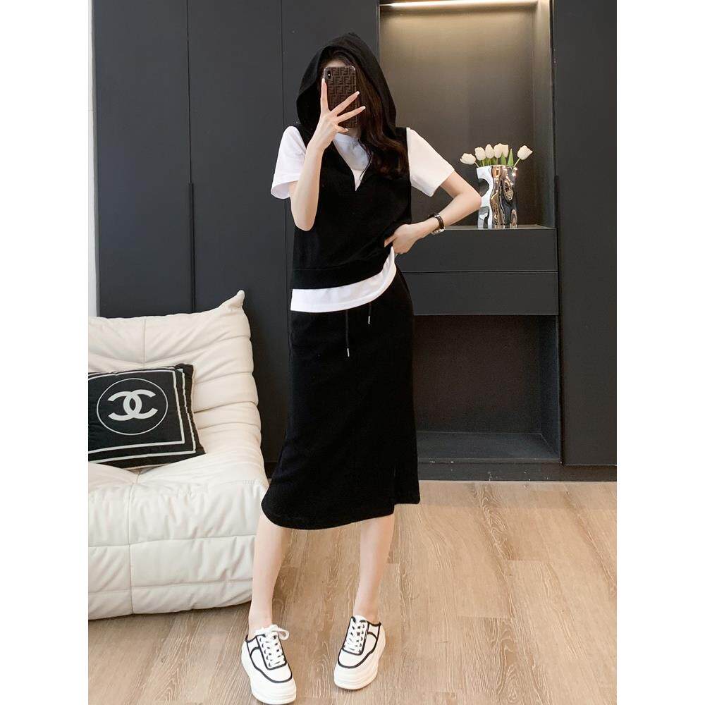 欧洲时尚套装女小个子2024年夏季新款气质减龄假两件半身裙两件套