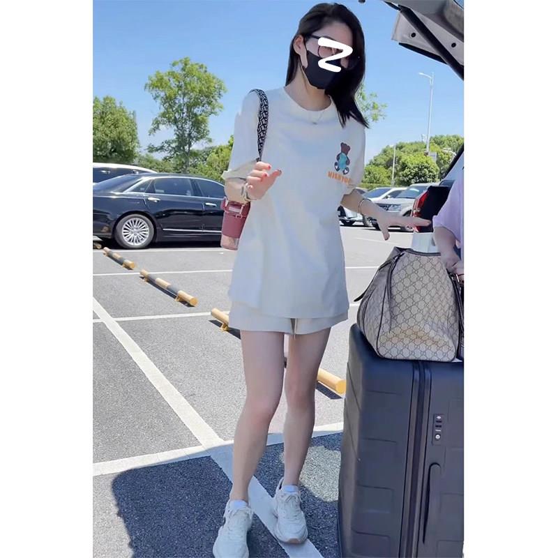 欧洲站运动休闲时尚套装女夏季2026年新款宽松大码短袖短裤两件套