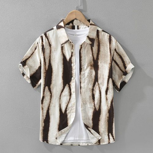 夏季日系潮流个性印花短袖衬衫男士薄款休闲纯棉宽松沙滩男衬衣