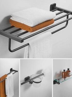 304不锈钢黑色浴巾架卫浴挂y件套装卫生间毛巾架壁挂式浴室置物架