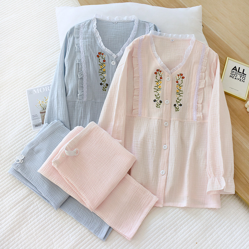 春夏薄款纯棉纱布月子服s哺乳产后喂奶睡衣长袖全棉绉布刺绣托腹