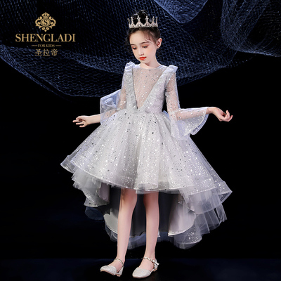 花童婚礼小女孩礼服儿童公主裙长袖蓬蓬纱女童钢琴V演奏主持演出