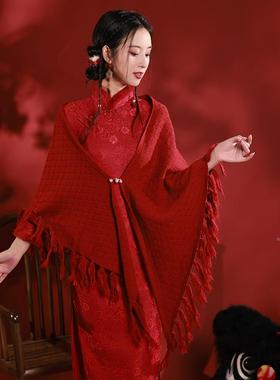 红色娘披肩ECC妈冬妈旗袍外搭婚礼敬斗篷秋披风酒服新结婚三角巾