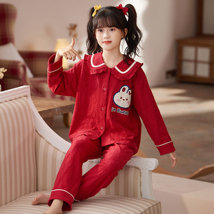 儿童睡衣女童春h秋纯棉长袖公主2023兔年本命年红色大童家居服套
