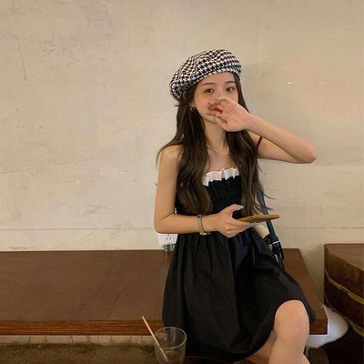 蓬蓬花苞裙抹胸连衣裙女2021A夏季新款露肩短裙木耳边拼色松紧裙