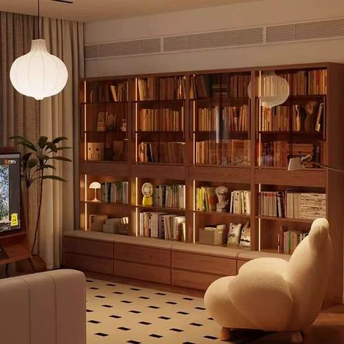 书柜一体整墙组合满墙带玻璃门书橱展示柜客厅收纳柜书架靠墙实木