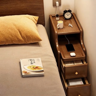 床头柜实木床头柜子置物架小型收纳柜家用卧室床边窄夹缝柜中古风