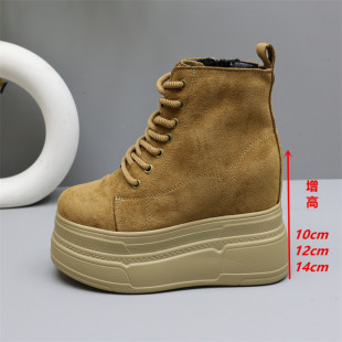 14公分真皮马丁靴女加绒厚底隐形内增高12cm小个子英伦风短靴10cm