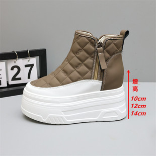 韩版厚底高帮短靴女冬季加绒内增高10-14CM小个子侧拉链马丁靴女