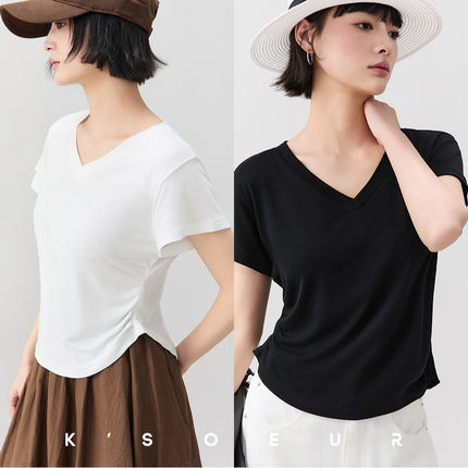 K姐KSOEUR【‘黑’绷带】面膜裸感莱赛尔 纯欲弹力收腰V领短袖T女