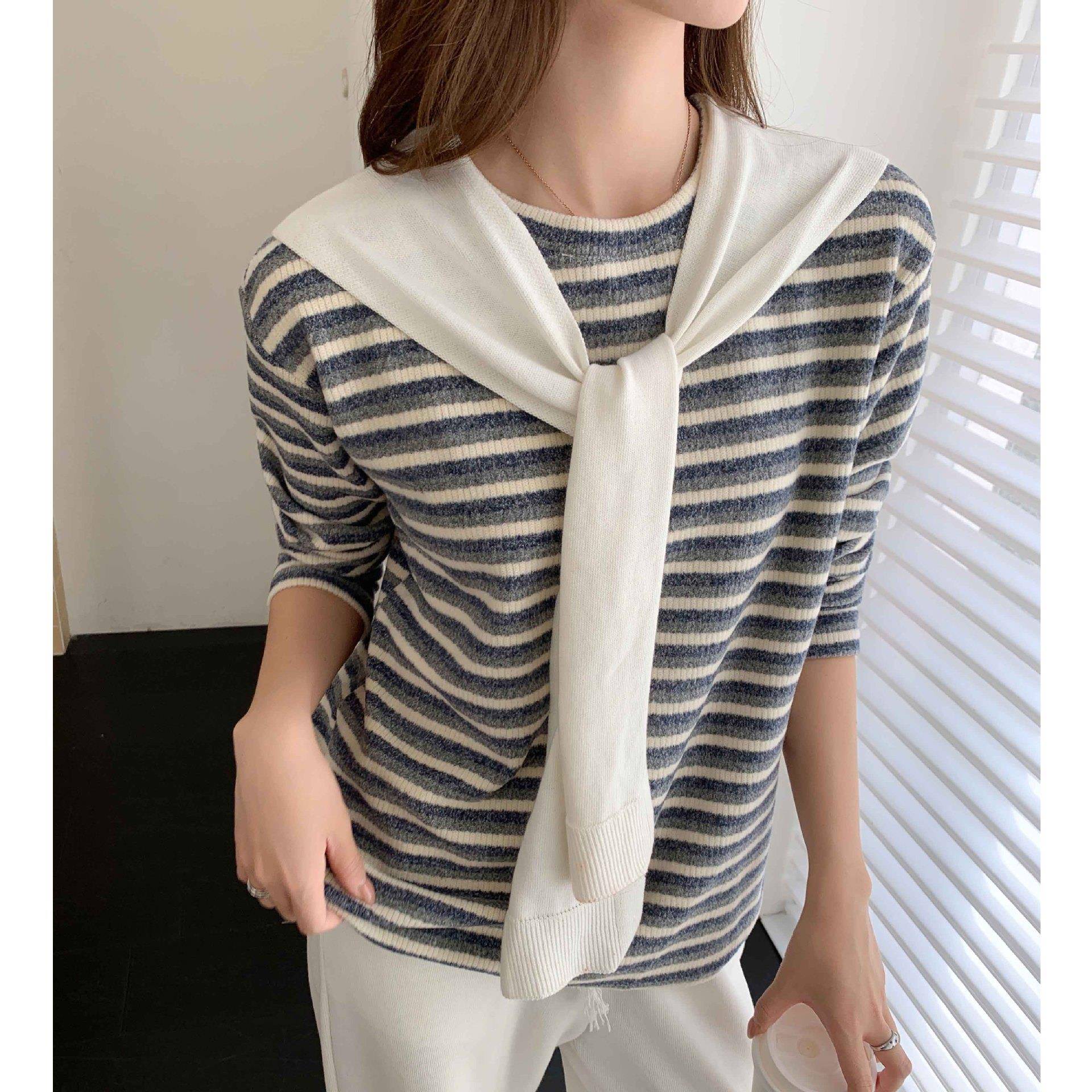 H557条纹圆领打底衫女秋冬季内搭保暖毛衣针织衫慵懒宽松T恤上衣