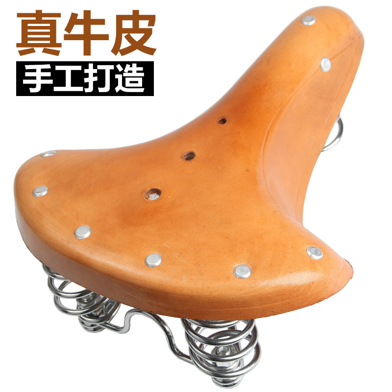 牛皮自行车坐垫复古车座山地车鞍座三弹簧牛皮座垫单车装备配件