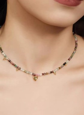 春夏新款爱心碧玺彩色串珠项链小众设计高级颈链饰品叠戴锁骨链