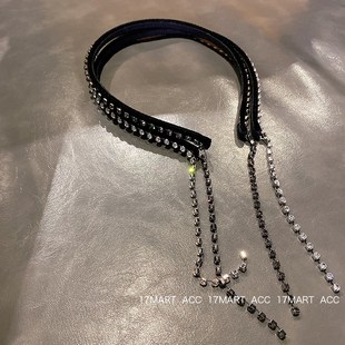 韩国发饰超闪水钻流苏发箍复古简约后挂式头箍细边丝绒外出发卡