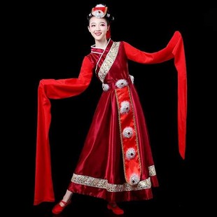 藏族舞蹈演出服装 长裙 成人儿童女心声红色少数民族风裙子藏族水袖