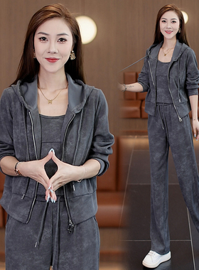 时尚休闲运动服套装女秋季2025新款连帽开衫卫衣外套阔腿裤三件套