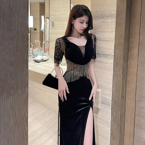 性感技师工衣短袖晚礼服长裙丝绒