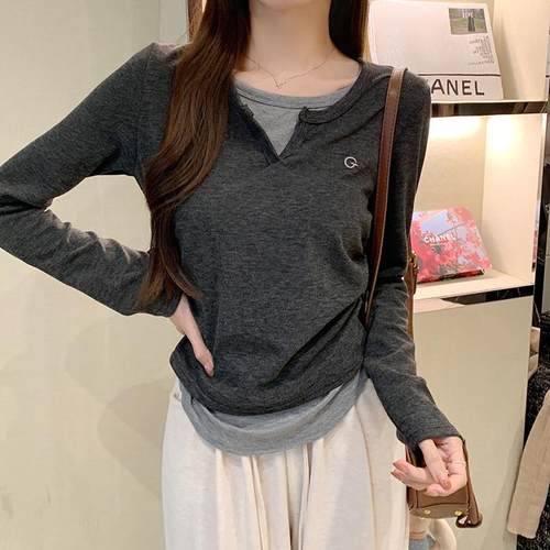实拍260G绵羊绒长袖t恤女2025初秋薄款修身假两件打底衫圆领上衣