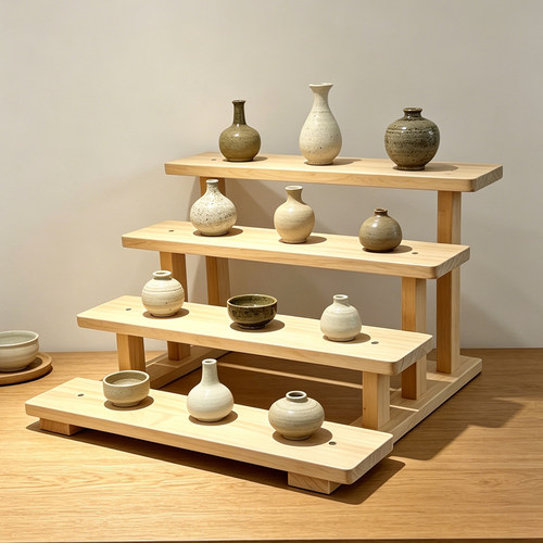 原木风置物架桌面手办简约阶梯展示架实木多肉小摆件收纳展示架