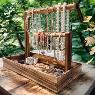 首饰盒收纳手表手镯珠宝项链实木手串桌面展示架碳化工艺古玩佛珠