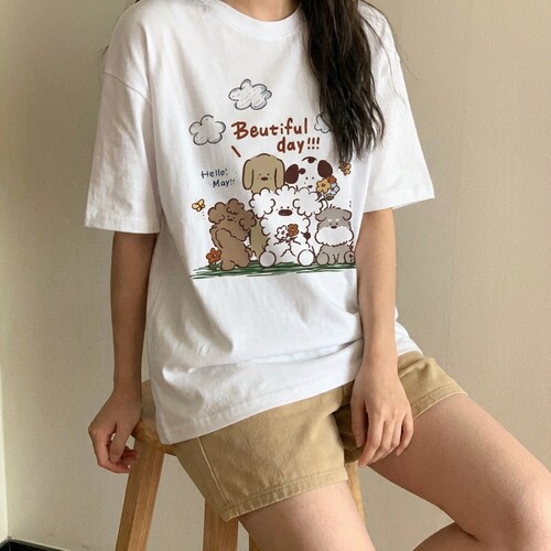 美式ins风卡通小狗杏色短袖t恤女