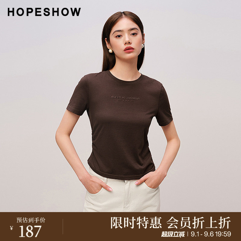 红袖商场同款HOPESHOW2025秋新款女装3D印花捏褶正肩圆领套头T恤图片
