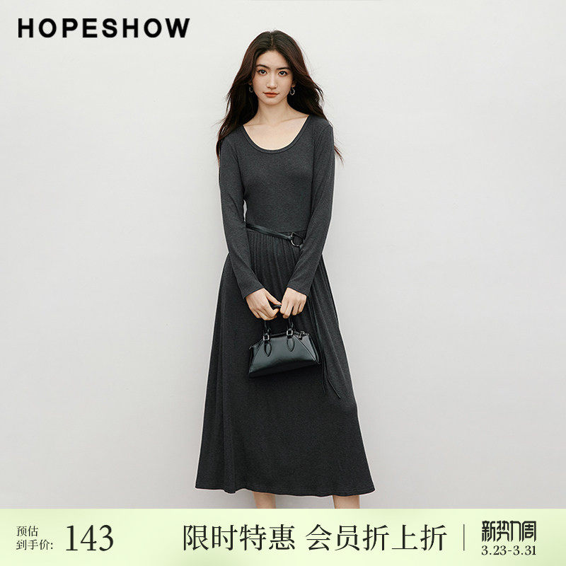 【会员专享】红袖2025秋新款女装ROW风捏褶拼接大圆领长袖连衣裙