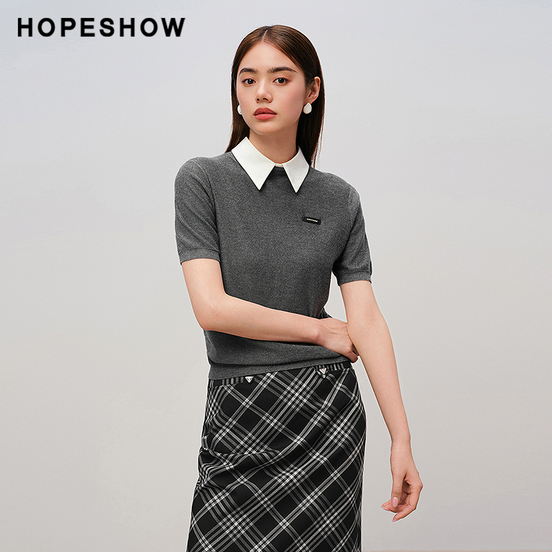 红袖商场同款HOPESHOW2025秋新款女装正肩短袖半高领套头短针织衫